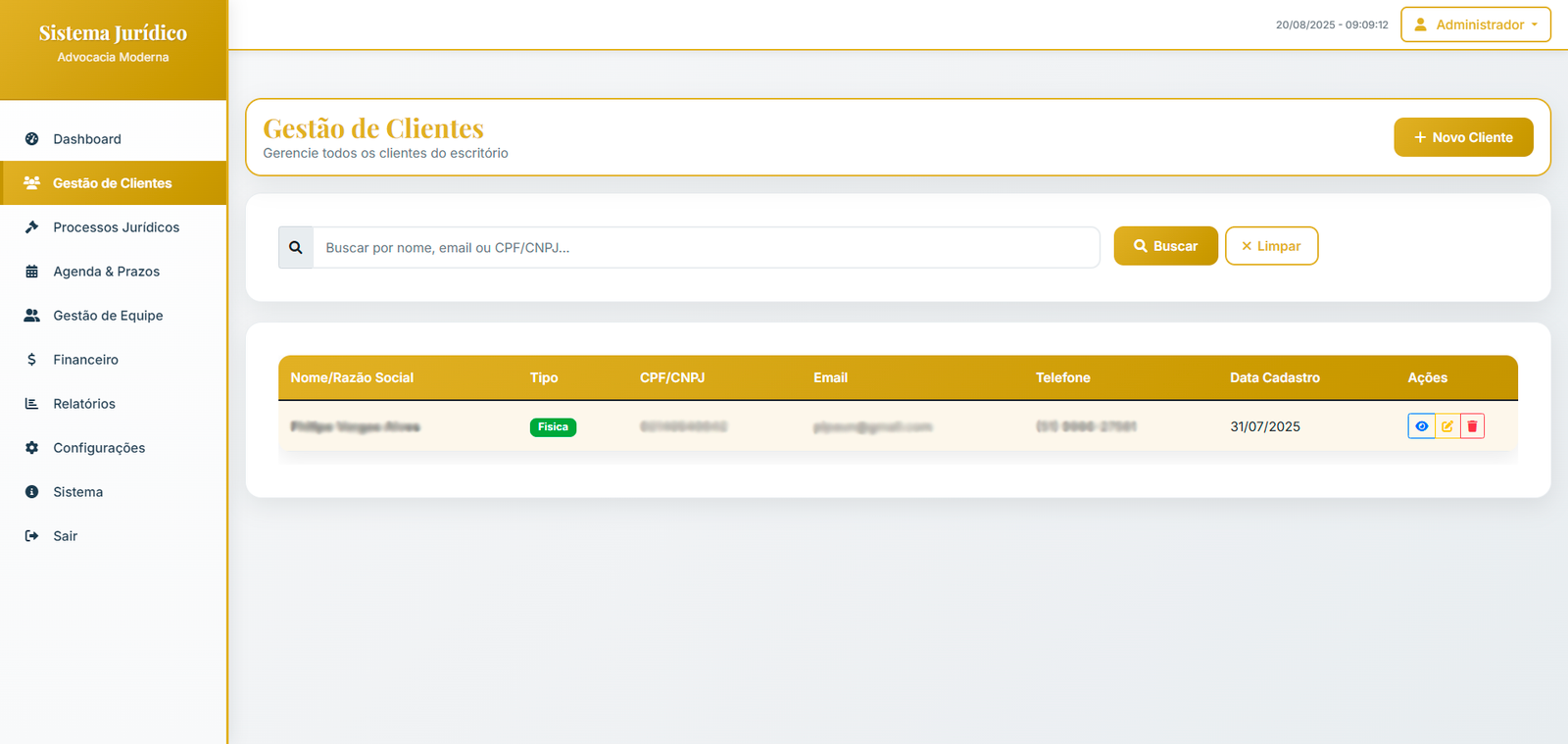 Tela de gestão de clientes do sistema jurídico