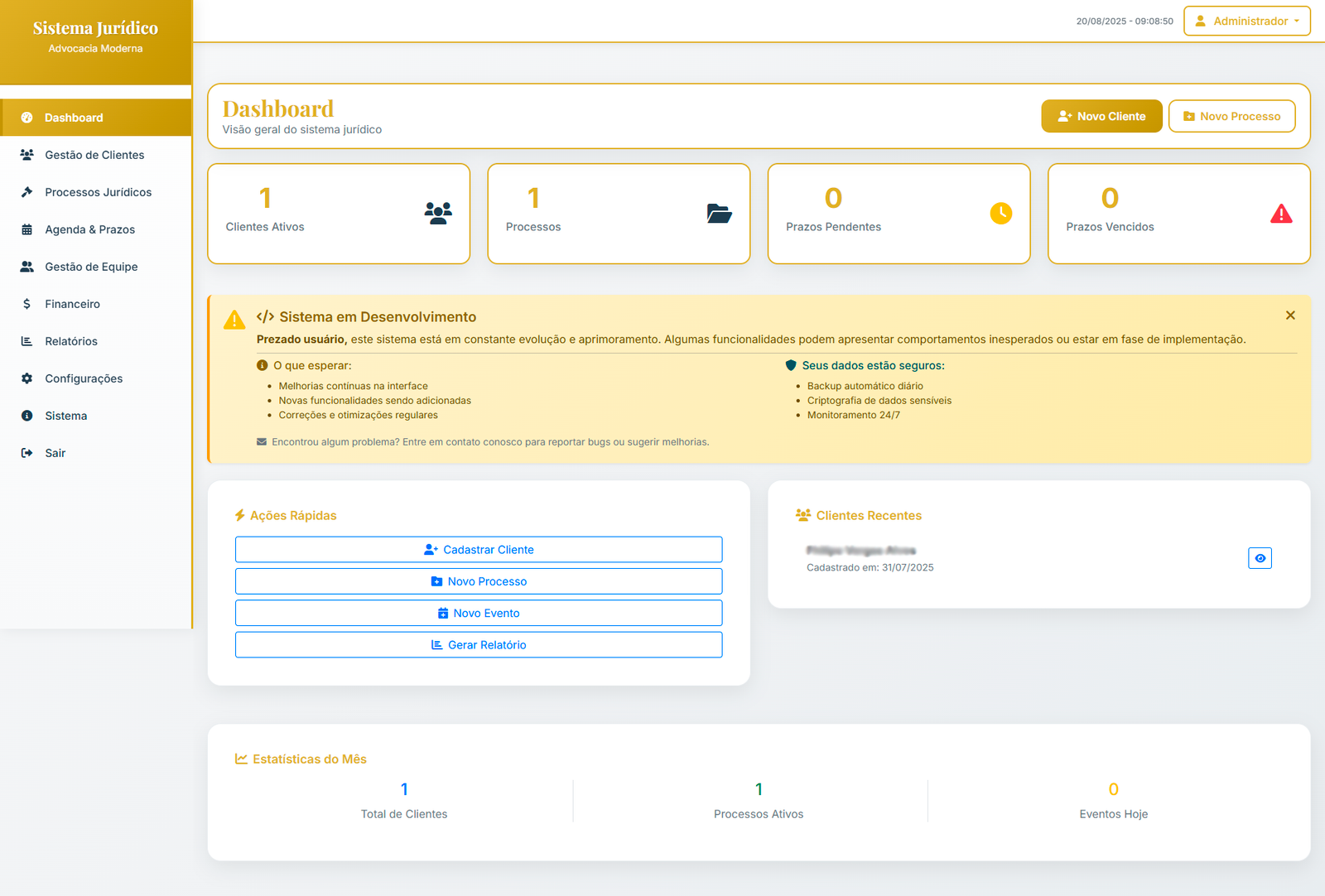 Dashboard do sistema de advocacia com gráficos e indicadores