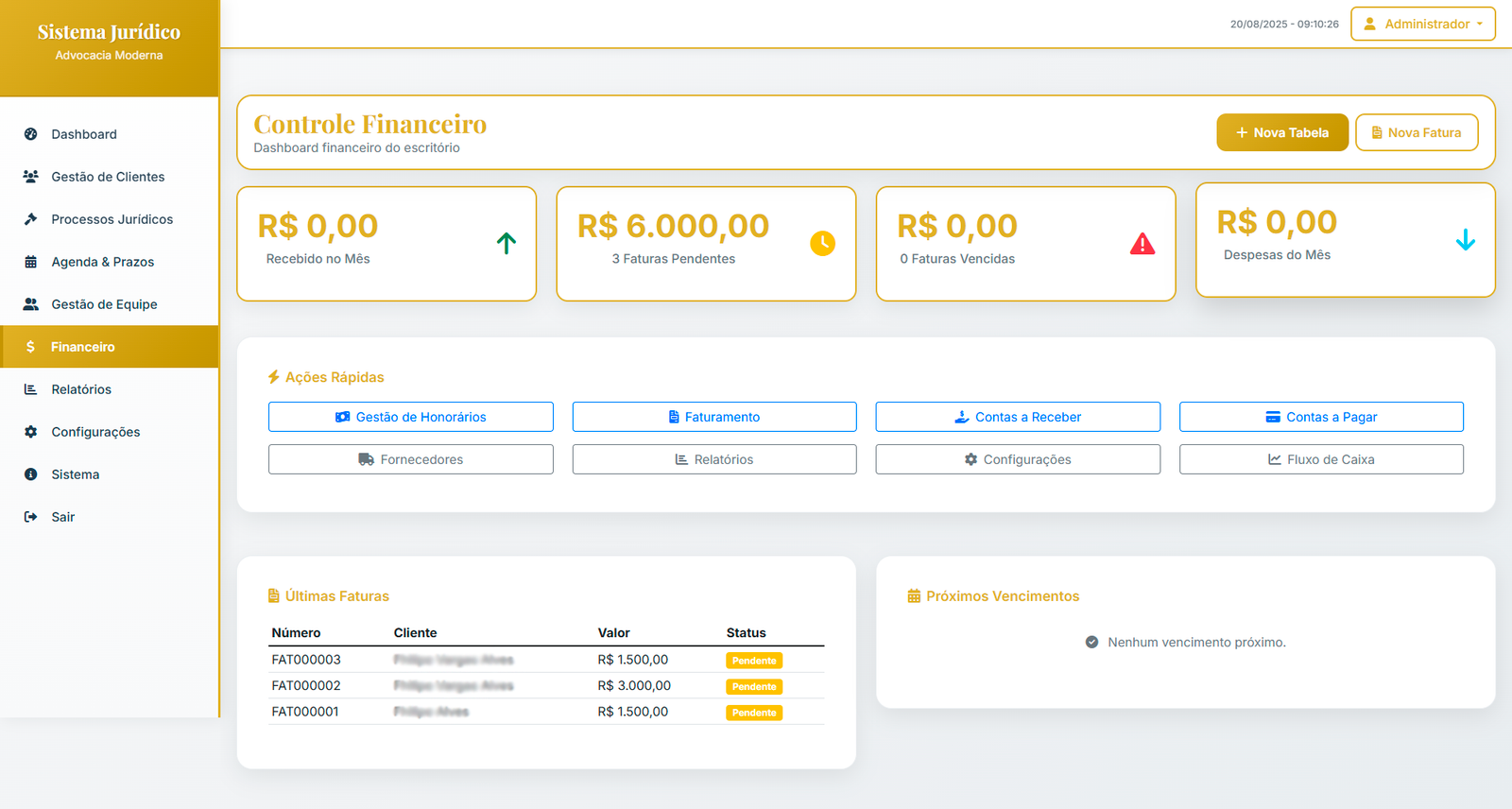 Módulo financeiro do sistema jurídico