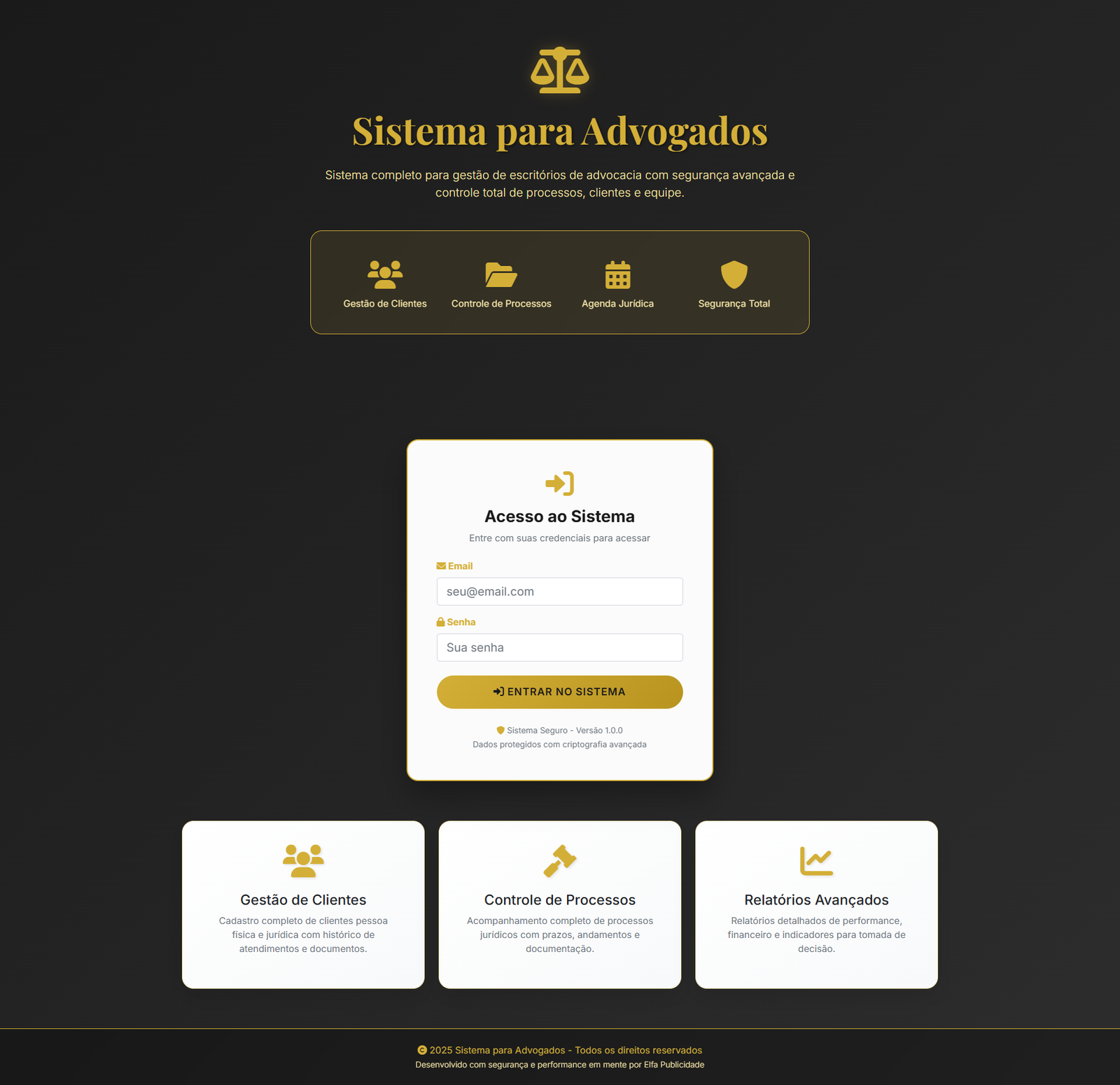 Tela inicial do sistema de advocacia mostrando dashboard com indicadores