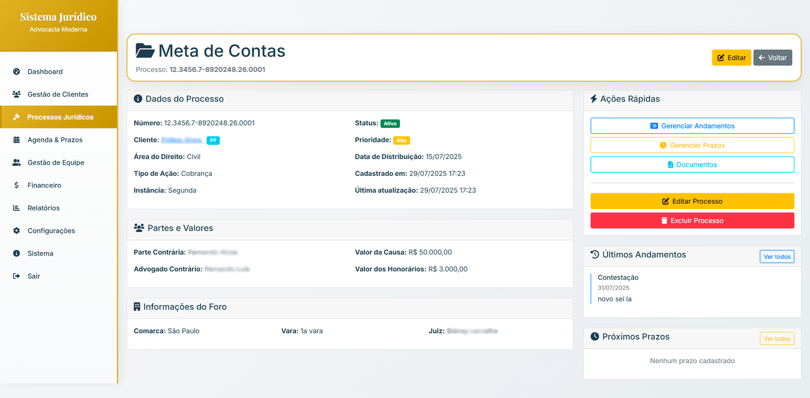 Interface de controle de processos judiciais