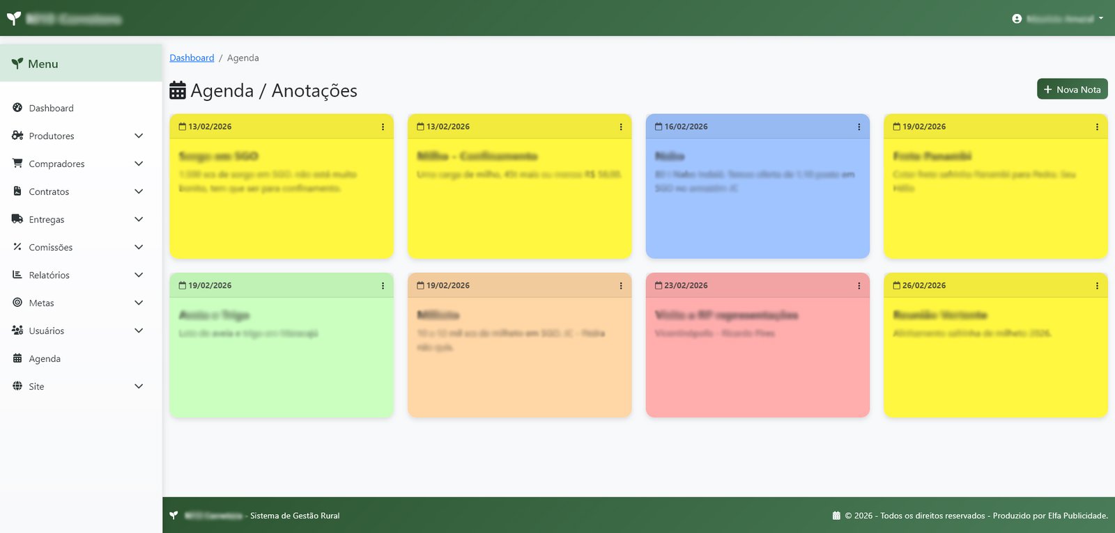 Tela de agenda da corretora de grãos